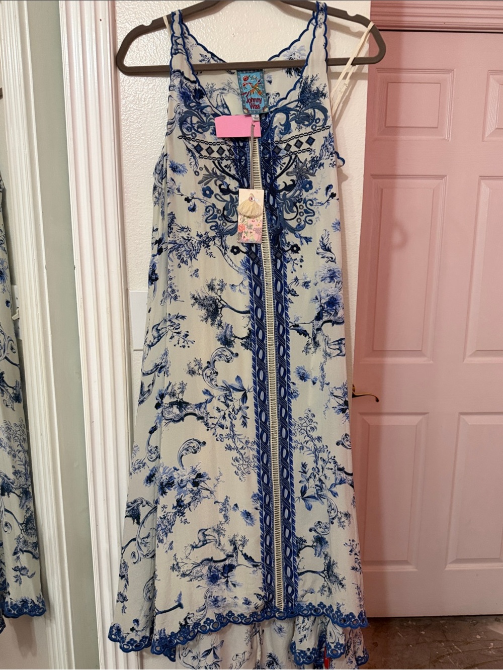 Johnny Was Cream Maxi Dress with Blue Toile Embroidery